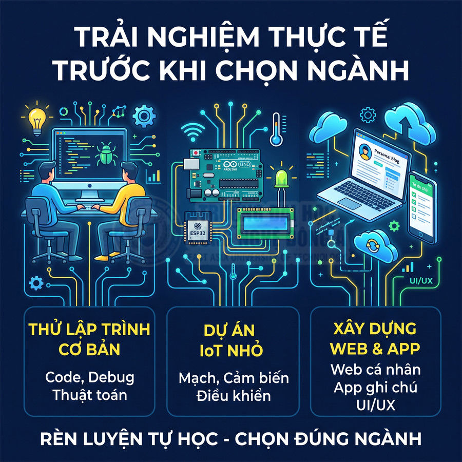 Poster khóa học trải nghiệm lập trình cơ bản, dự án IoT nhỏ và xây dựng web app cho học sinh chọn ngành