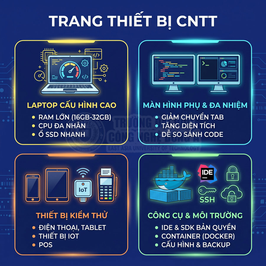 Trang thiết bị CNTT với laptop cấu hình cao, màn hình phụ, thiết bị kiểm thử và công cụ môi trường lập trình