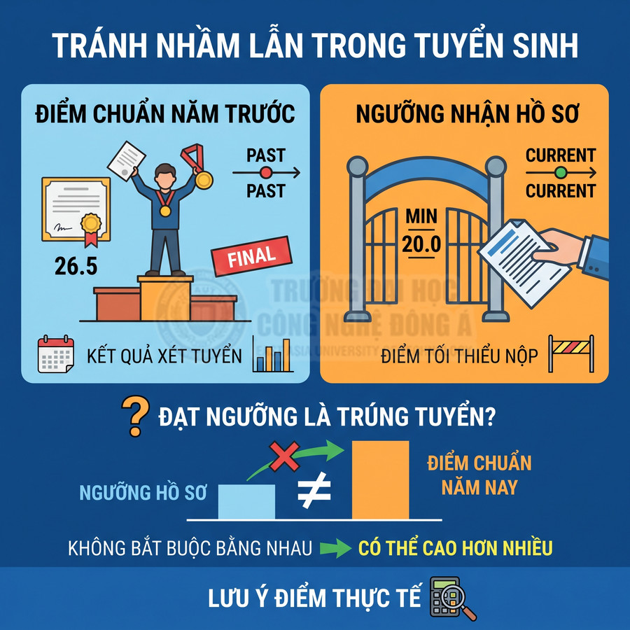 Infographic giải thích sự khác nhau giữa điểm chuẩn năm trước và ngưỡng nhận hồ sơ tuyển sinh đại học
