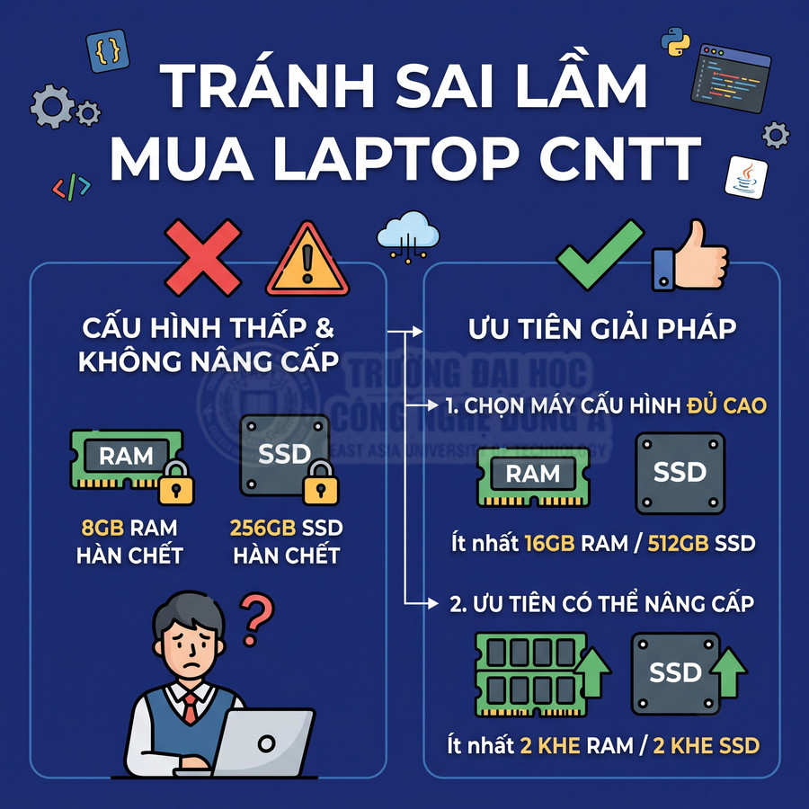Hướng dẫn chọn laptop CNTT với RAM tối thiểu 16GB, SSD 512GB và ưu tiên máy có thể nâng cấp RAM, SSD