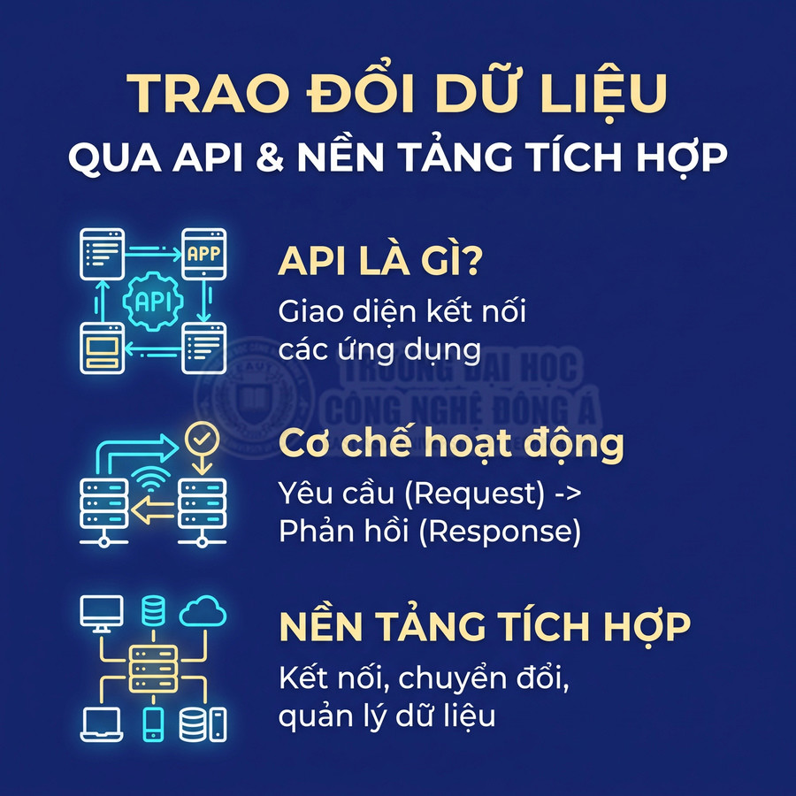 Infographic về trao đổi dữ liệu qua API, cơ chế request và response cùng nền tảng tích hợp dữ liệu