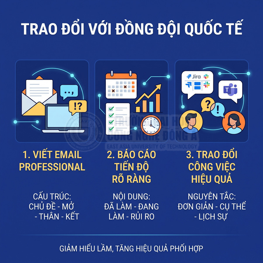 Hướng dẫn kỹ năng viết email, báo cáo tiến độ và trao đổi công việc hiệu quả với đồng đội quốc tế
