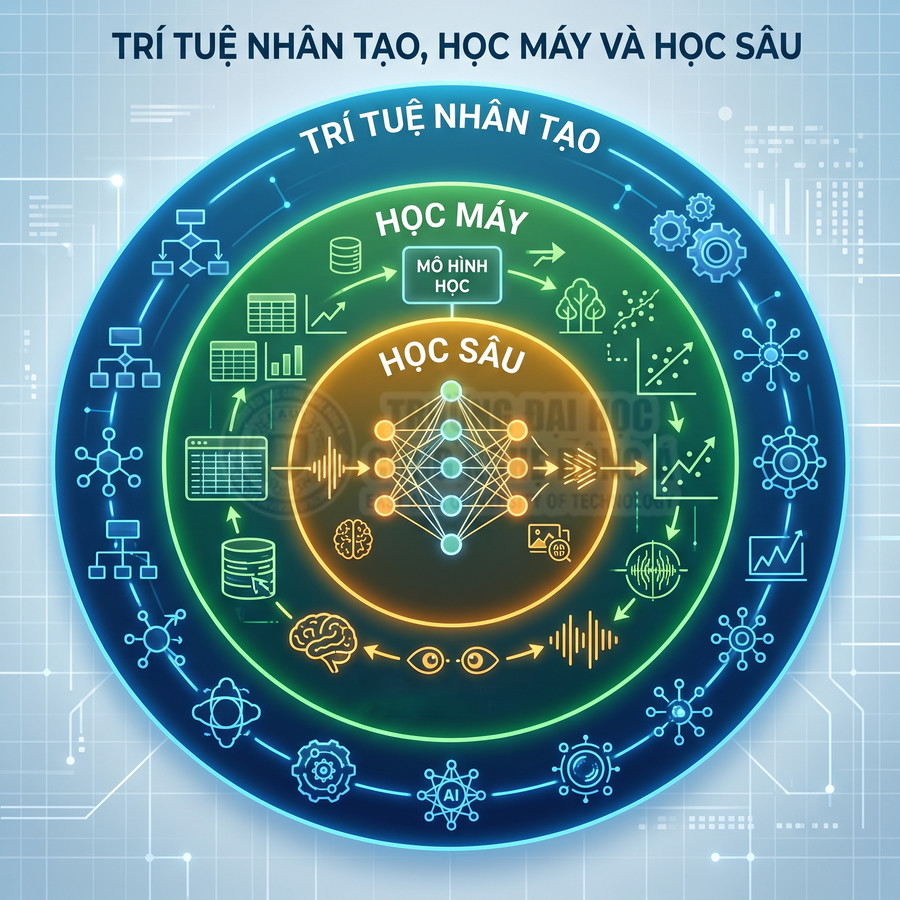 Sơ đồ minh họa mối quan hệ giữa trí tuệ nhân tạo, học máy và học sâu với các biểu tượng công nghệ