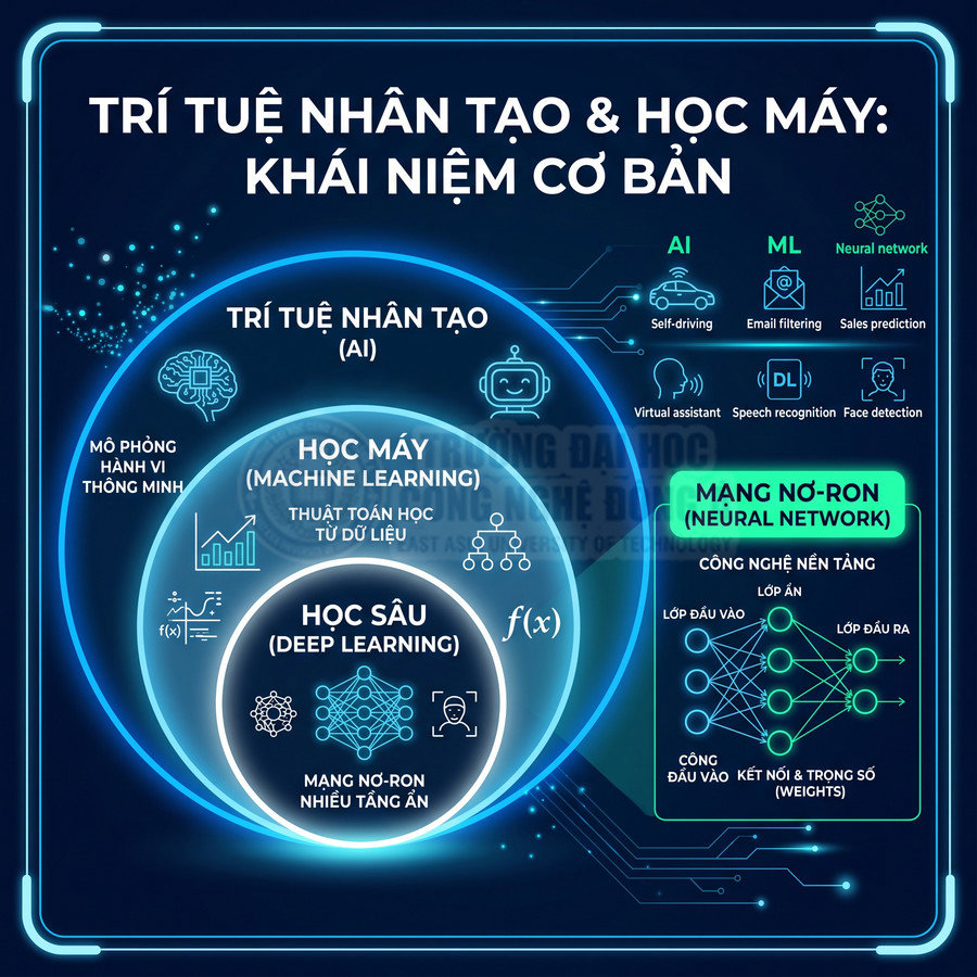 Sơ đồ minh họa khái niệm cơ bản về trí tuệ nhân tạo, học máy, học sâu và mạng nơ ron