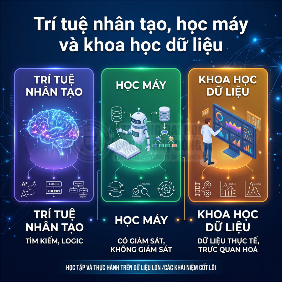 So sánh trí tuệ nhân tạo, học máy và khoa học dữ liệu với minh họa não bộ, robot và biểu đồ dữ liệu