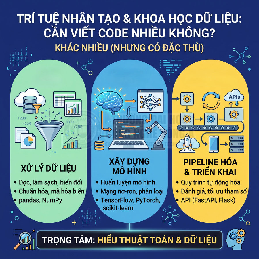 Minh họa quy trình trí tuệ nhân tạo và khoa học dữ liệu từ xử lý dữ liệu đến xây dựng mô hình và triển khai hệ thống