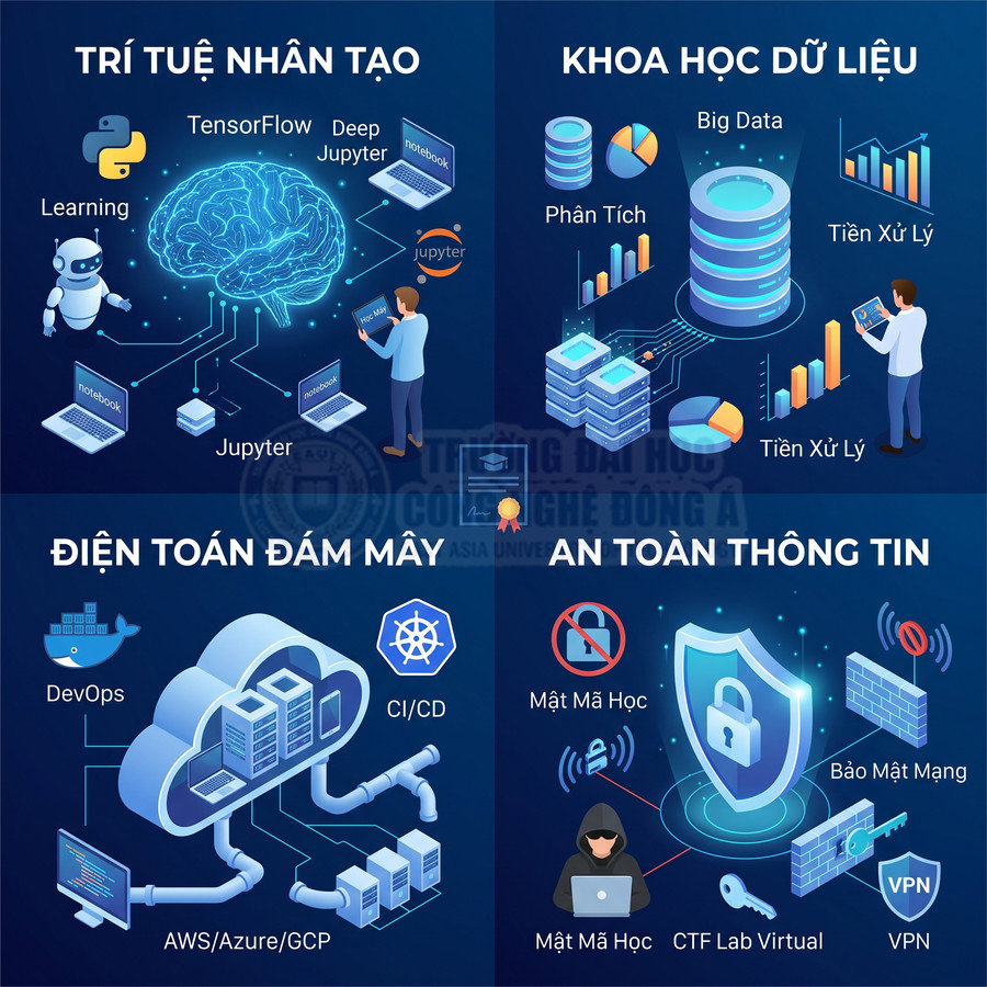 Minh họa các lĩnh vực trí tuệ nhân tạo, khoa học dữ liệu, điện toán đám mây và an toàn thông tin trong công nghệ thông tin