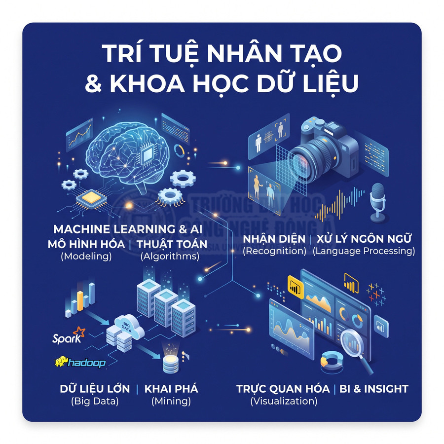Minh họa các lĩnh vực trí tuệ nhân tạo và khoa học dữ liệu như machine learning, big data, khai phá và trực quan hóa dữ liệu
