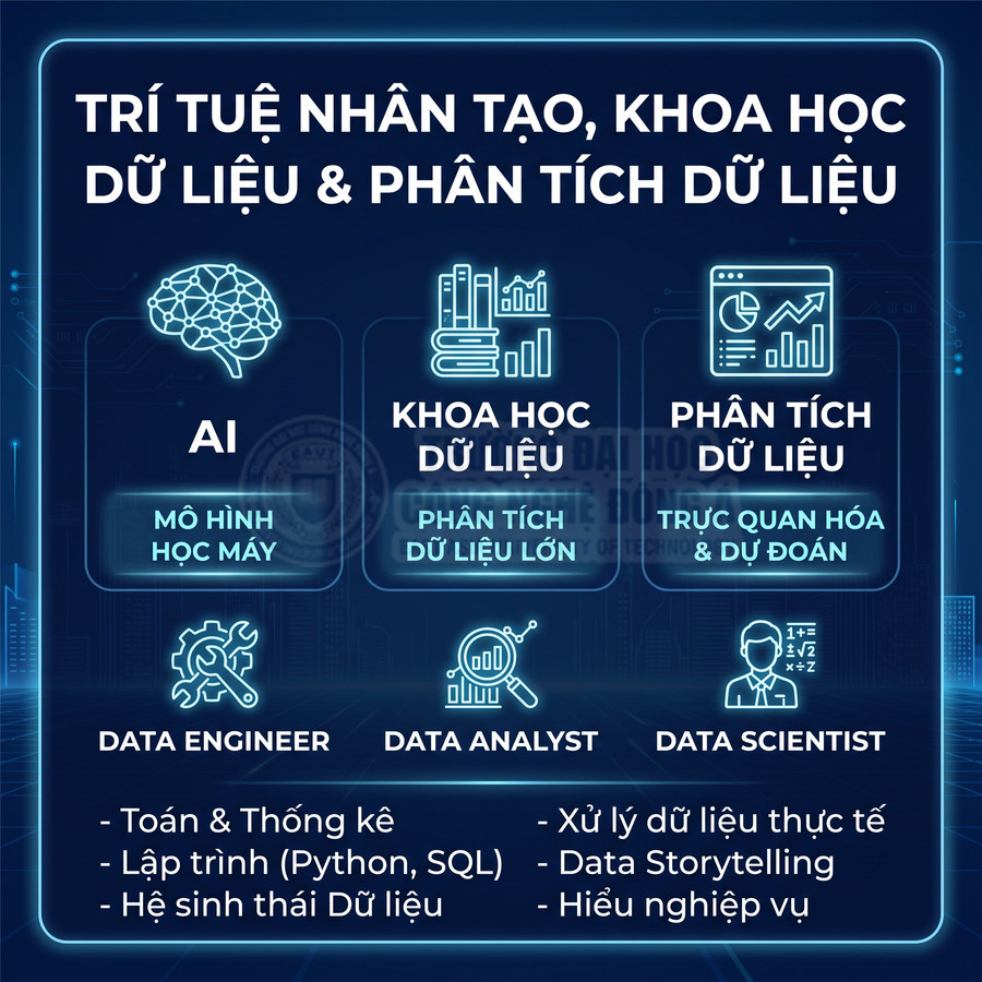Poster giới thiệu các lĩnh vực AI, khoa học dữ liệu, phân tích dữ liệu và vai trò Data Engineer, Data Analyst, Data Scientist