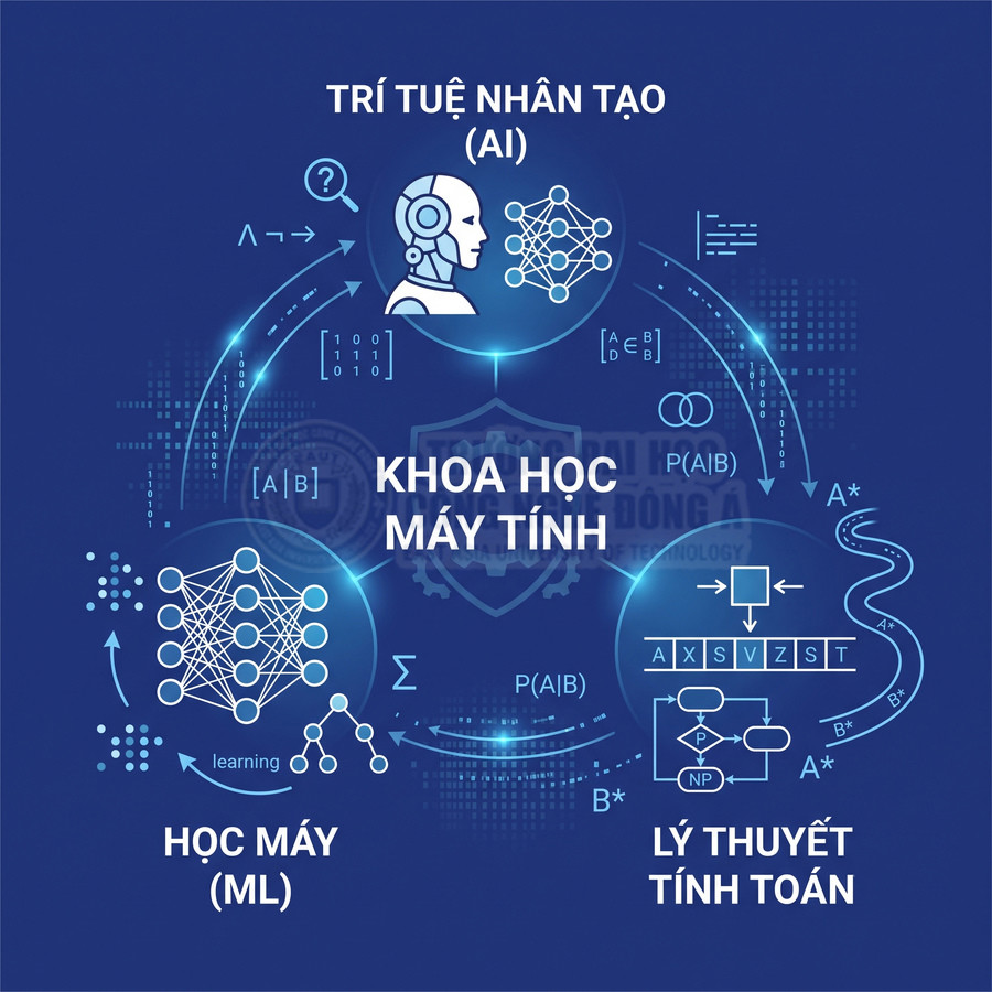 Minh họa khoa học máy tính với trí tuệ nhân tạo, học máy và lý thuyết tính toán trên nền xanh