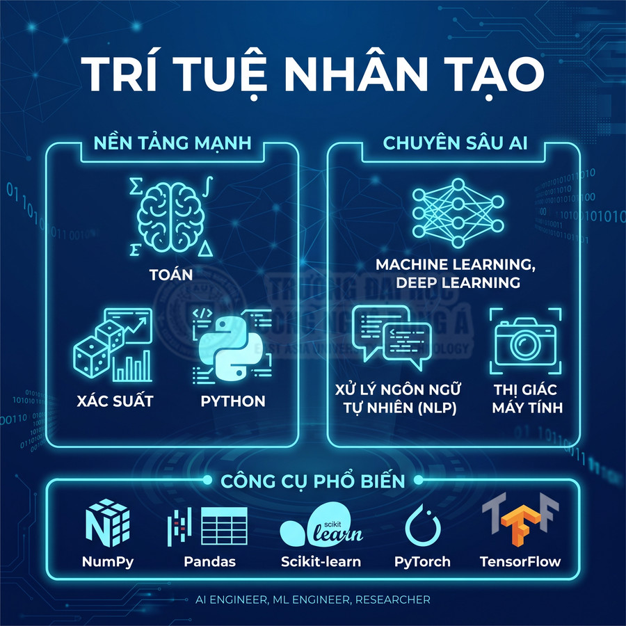 Tổng quan trí tuệ nhân tạo với nền tảng toán, xác suất, Python và các công cụ NumPy, Pandas, Scikit learn, PyTorch, TensorFlow