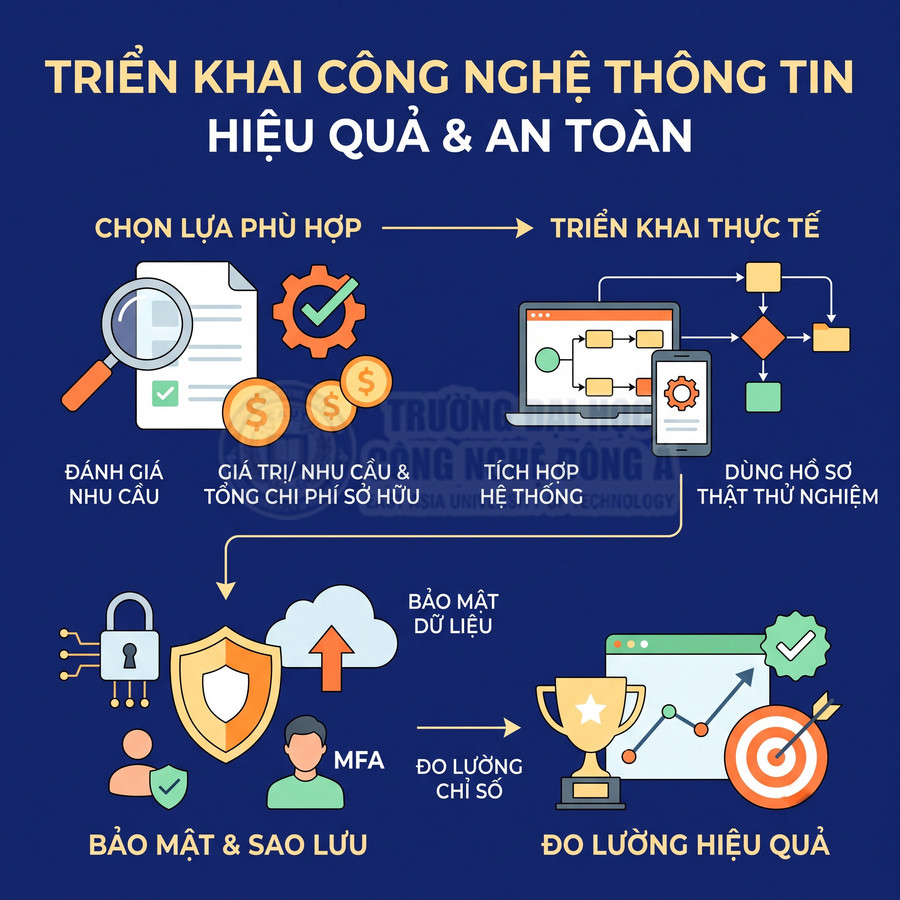 Minh họa quy trình triển khai công nghệ thông tin hiệu quả và an toàn, từ đánh giá nhu cầu đến bảo mật dữ liệu và đo lường hiệu quả