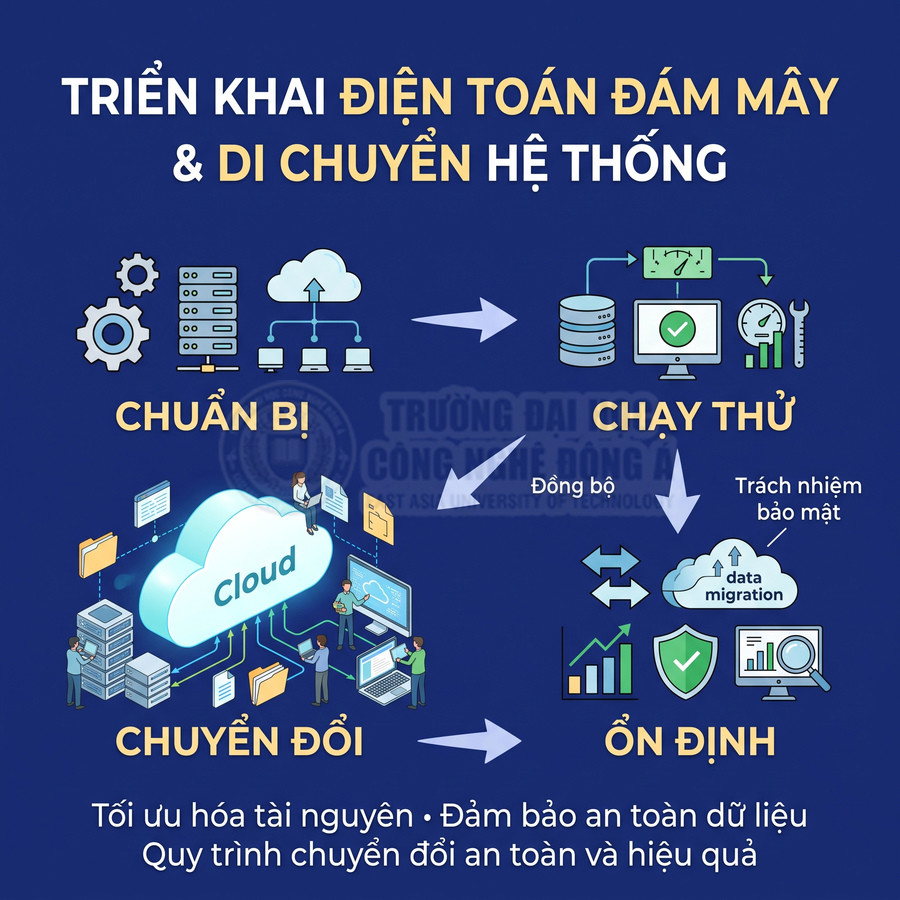 Quy trình triển khai điện toán đám mây và di chuyển hệ thống gồm chuẩn bị, chạy thử, chuyển đổi và ổn định