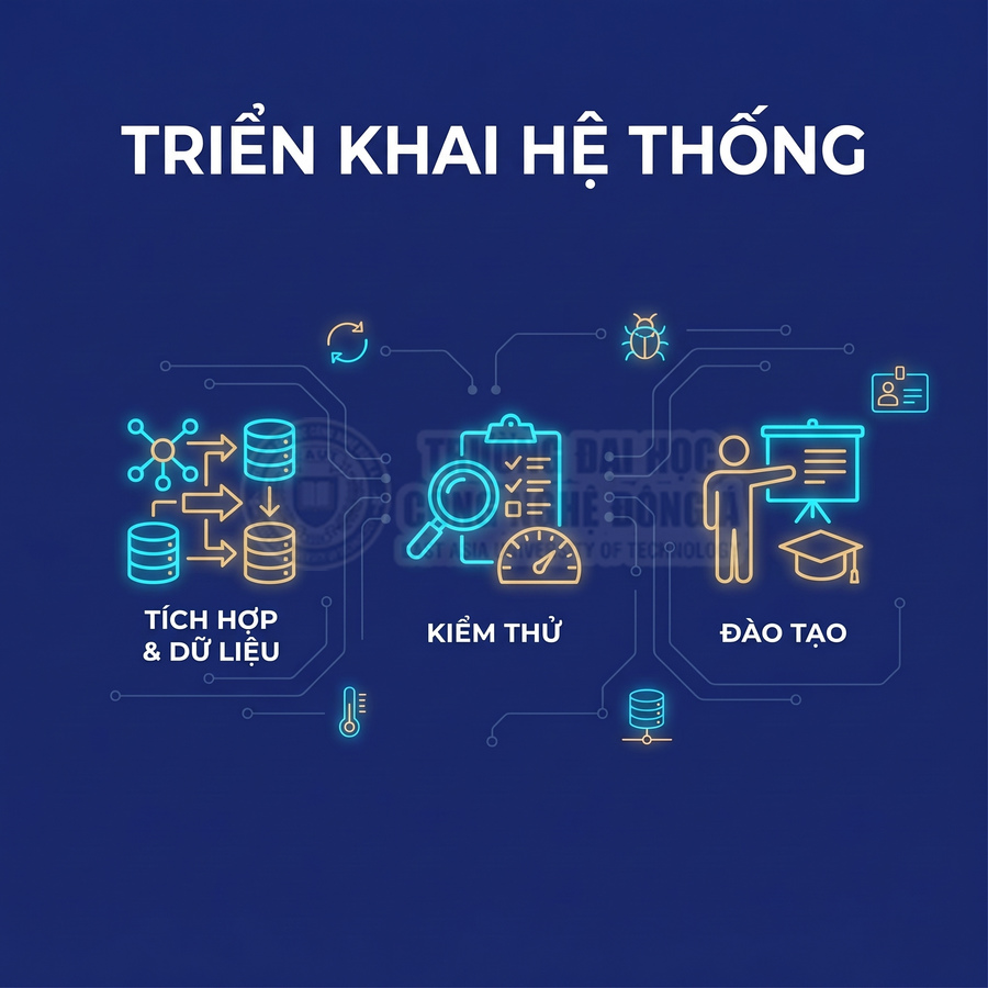 Triển khai hệ thống gồm tích hợp dữ liệu, kiểm thử và đào tạo người dùng, minh họa bằng biểu tượng công nghệ nổi bật trên nền xanh đậm