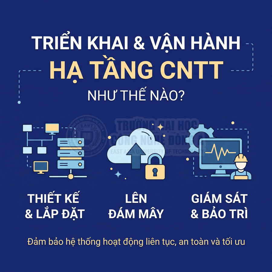 Các dịch vụ triển khai và vận hành hạ tầng CNTT gồm thiết kế lắp đặt, lên đám mây, giám sát và bảo trì hệ thống.