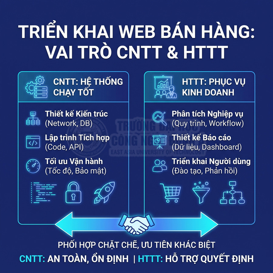 Infographic vai trò CNTT và HTTT trong triển khai web bán hàng, so sánh hệ thống chạy tốt và phục vụ kinh doanh