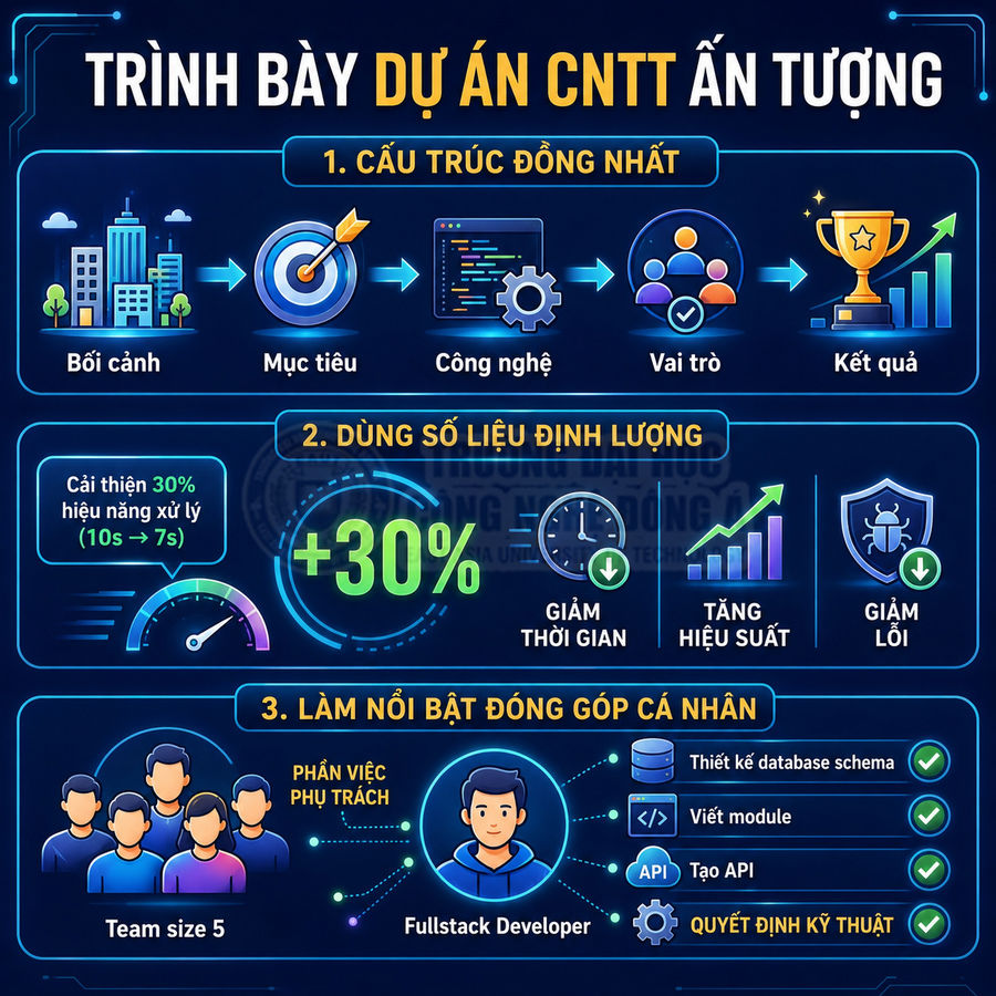 Infographic hướng dẫn trình bày dự án CNTT ấn tượng với cấu trúc, số liệu định lượng và vai trò fullstack developer