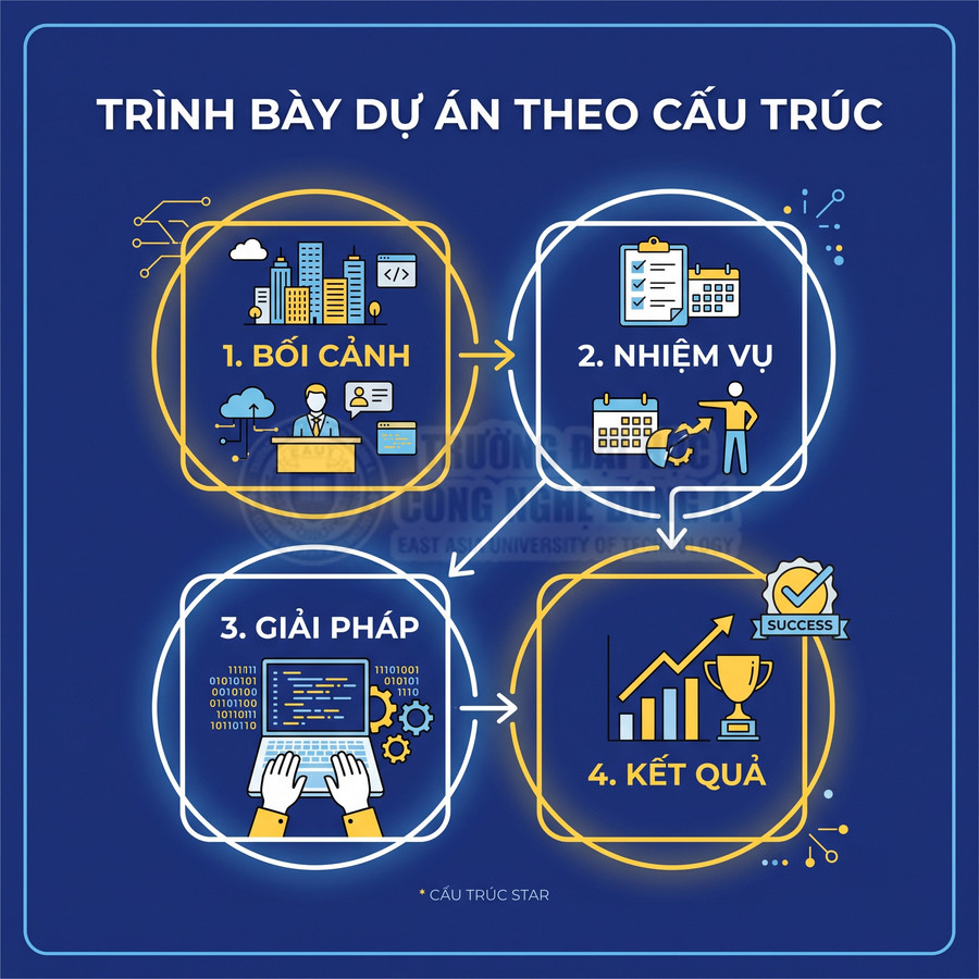 Sơ đồ trình bày dự án theo cấu trúc STAR gồm bối cảnh, nhiệm vụ, giải pháp và kết quả tăng trưởng