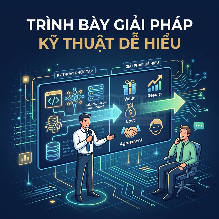 Minh họa chuyên gia trình bày giải pháp kỹ thuật phức tạp thành lợi ích giá trị chi phí dễ hiểu cho khách hàng
