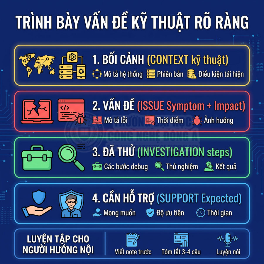 Hướng dẫn trình bày vấn đề kỹ thuật rõ ràng với 4 bước bối cảnh, vấn đề, đã thử và cần hỗ trợ