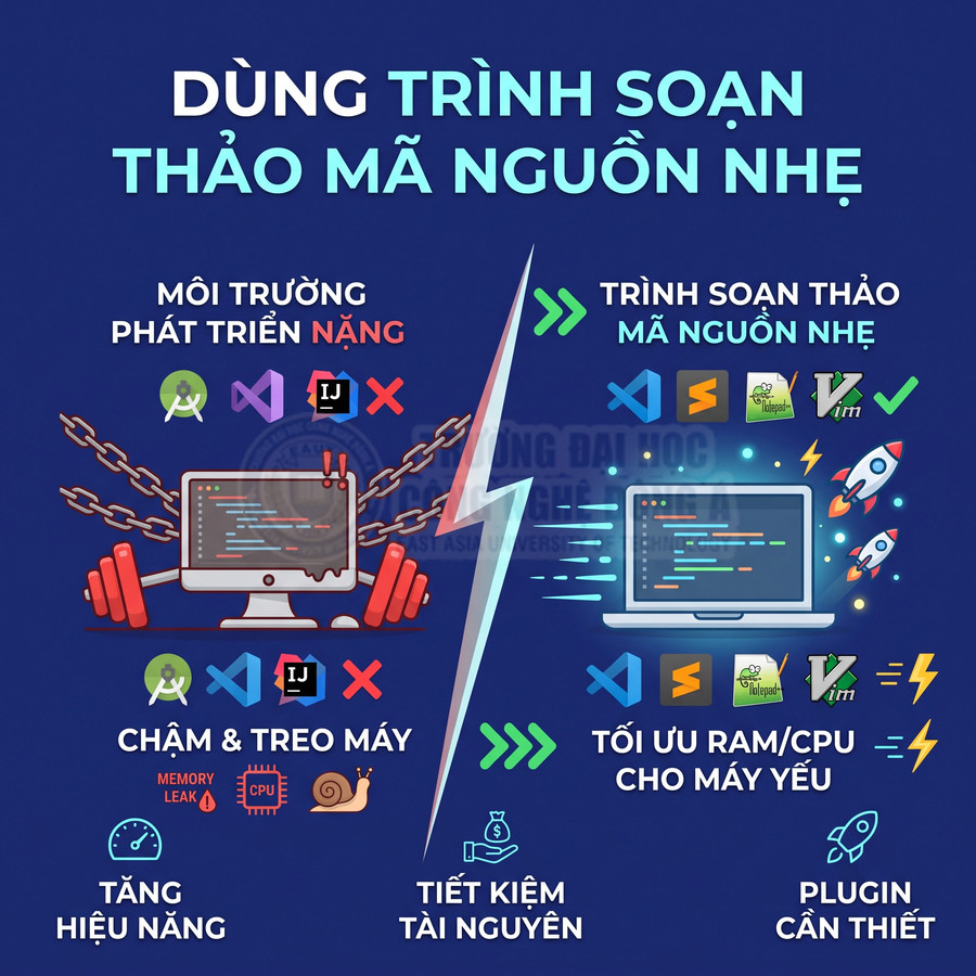 So sánh IDE nặng với trình soạn thảo mã nguồn nhẹ như VS Code, Sublime, Notepad++, Vim để tối ưu hiệu năng máy yếu