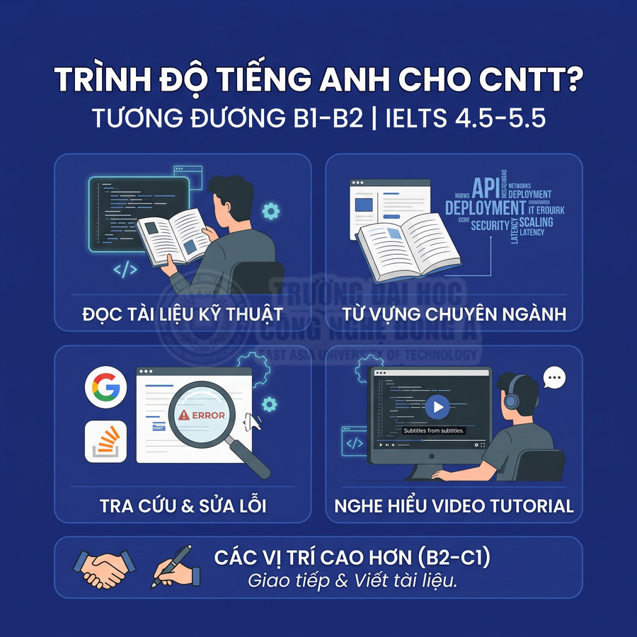 Infographic yêu cầu trình độ tiếng Anh B1 B2 cho ngành CNTT để đọc tài liệu, tra cứu lỗi và nghe hiểu video tutorial