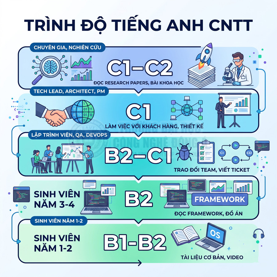 Infographic trình độ tiếng Anh CNTT từ sinh viên năm 1 đến chuyên gia với các mức B1 B2 C1 C2 và kỹ năng tương ứng