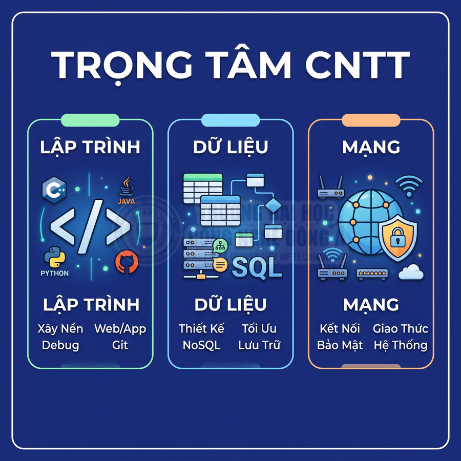 Trọng tâm ngành CNTT với ba mảng lập trình Python Java, dữ liệu SQL NoSQL và mạng bảo mật kết nối hệ thống