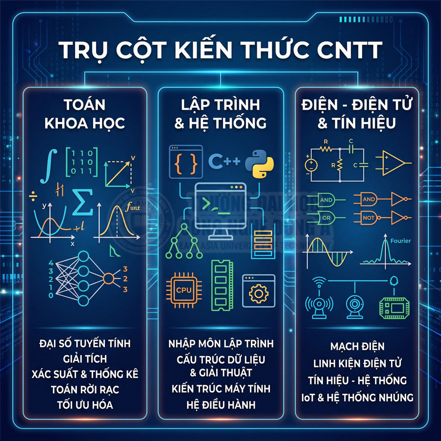 Trụ cột kiến thức CNTT với các nhóm Toán khoa học, Lập trình hệ thống và Điện điện tử tín hiệu