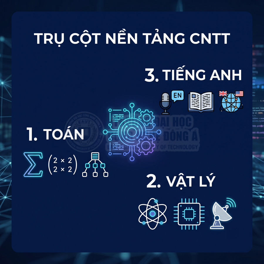Trụ cột nền tảng CNTT gồm Toán, Vật lý và Tiếng Anh với các biểu tượng minh họa trực quan