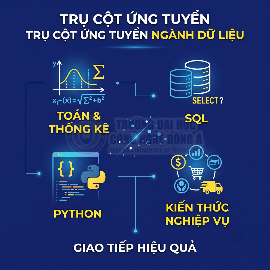 Infographic trụ cột ứng tuyển ngành dữ liệu với toán thống kê, SQL, Python, kiến thức nghiệp vụ và giao tiếp hiệu quả