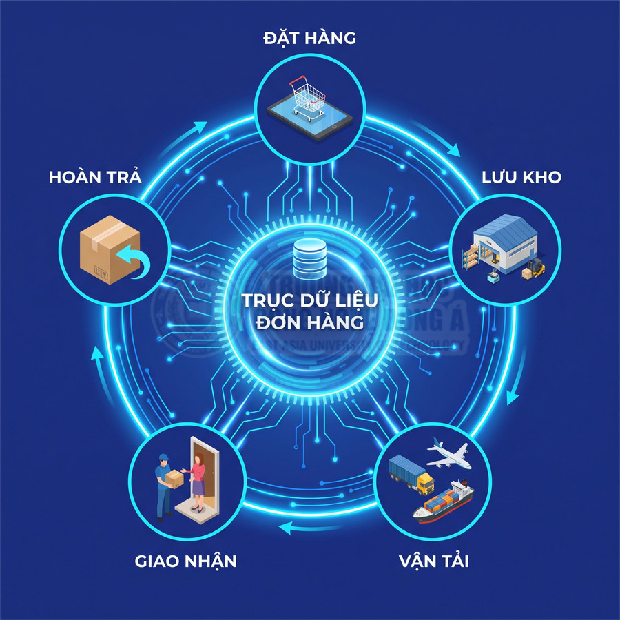 Trục dữ liệu đơn hàng kết nối đặt hàng, lưu kho, vận tải, giao nhận và hoàn trả