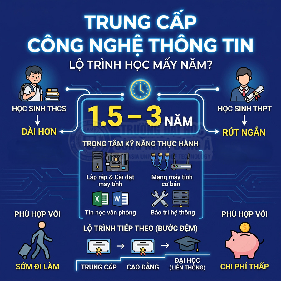 Infographic lộ trình học trung cấp công nghệ thông tin 1.5 đến 3 năm, kỹ năng thực hành và hướng đi tiếp lên cao đẳng, đại học