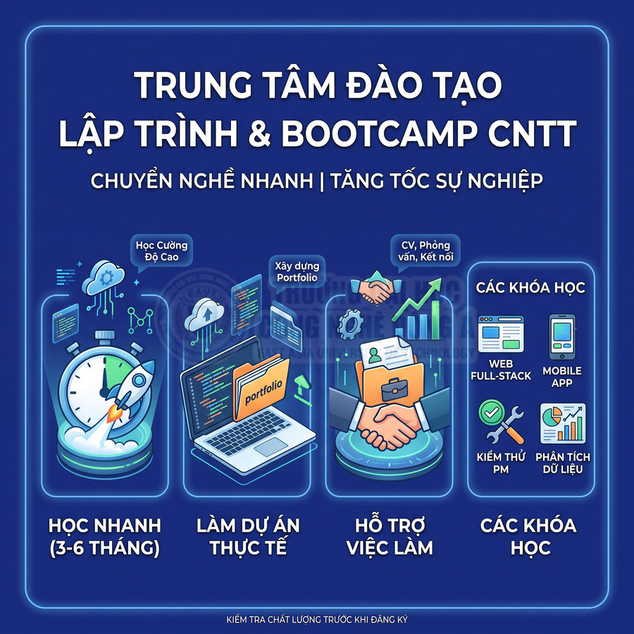 Trung tâm đào tạo lập trình và bootcamp CNTT, học nhanh 3-6 tháng, làm dự án thực tế và hỗ trợ việc làm