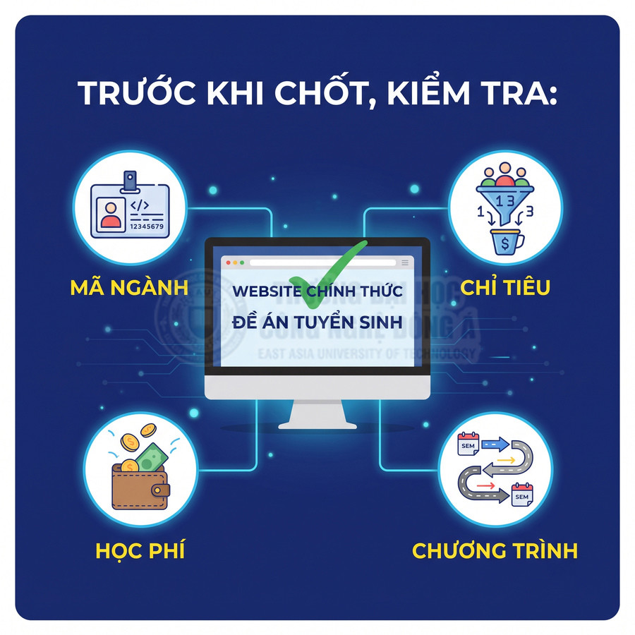 Máy tính hiển thị website chính thức đề án tuyển sinh cùng các mục mã ngành, chỉ tiêu, học phí, chương trình