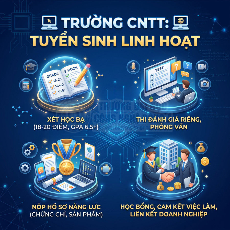 Poster tuyển sinh linh hoạt trường CNTT với các hình thức xét học bạ, thi đánh giá, nộp hồ sơ năng lực, học bổng
