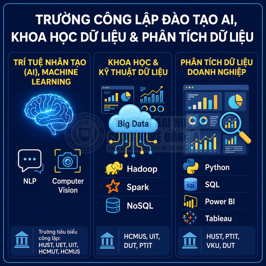 Infographic giới thiệu các ngành AI, khoa học dữ liệu, phân tích dữ liệu và công cụ Big Data, Python, SQL, Power BI, Tableau