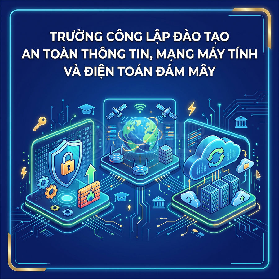 Trường công lập đào tạo an toàn thông tin, mạng máy tính và điện toán đám mây với minh họa bảo mật và server