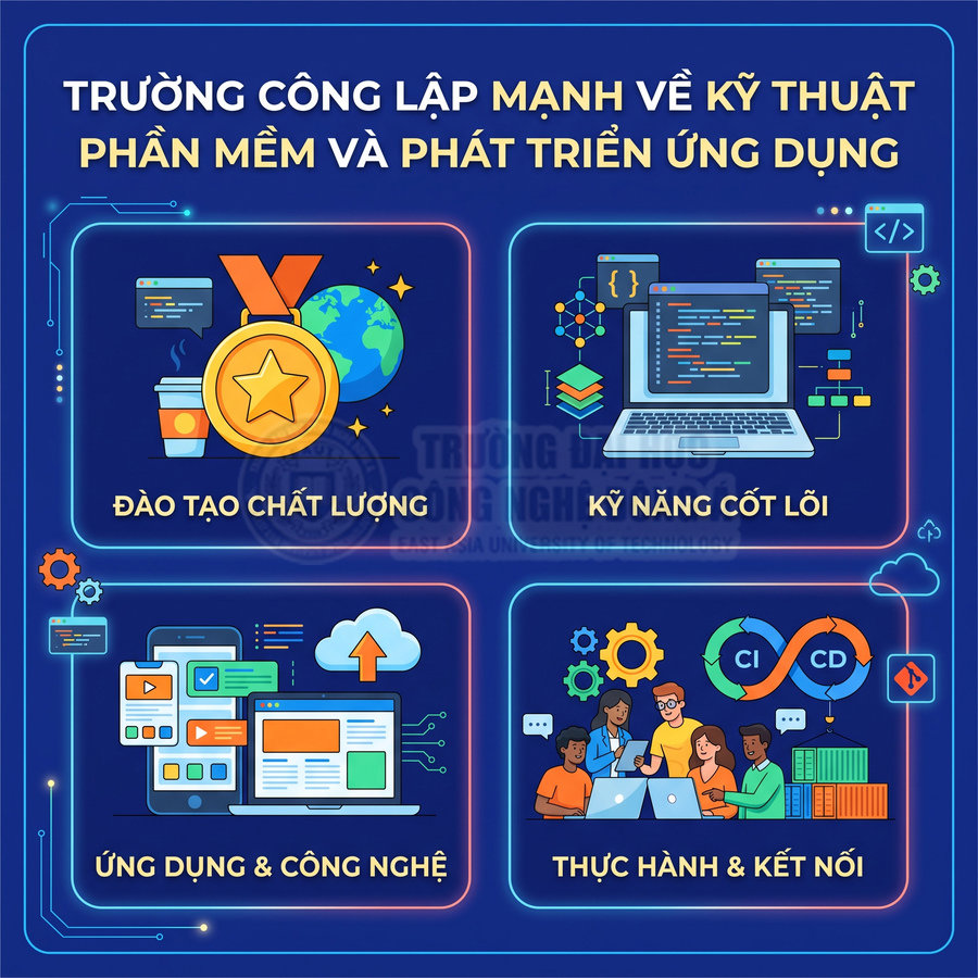 Poster giới thiệu trường công lập đào tạo kỹ thuật phần mềm, kỹ năng lập trình, ứng dụng công nghệ và thực hành kết nối