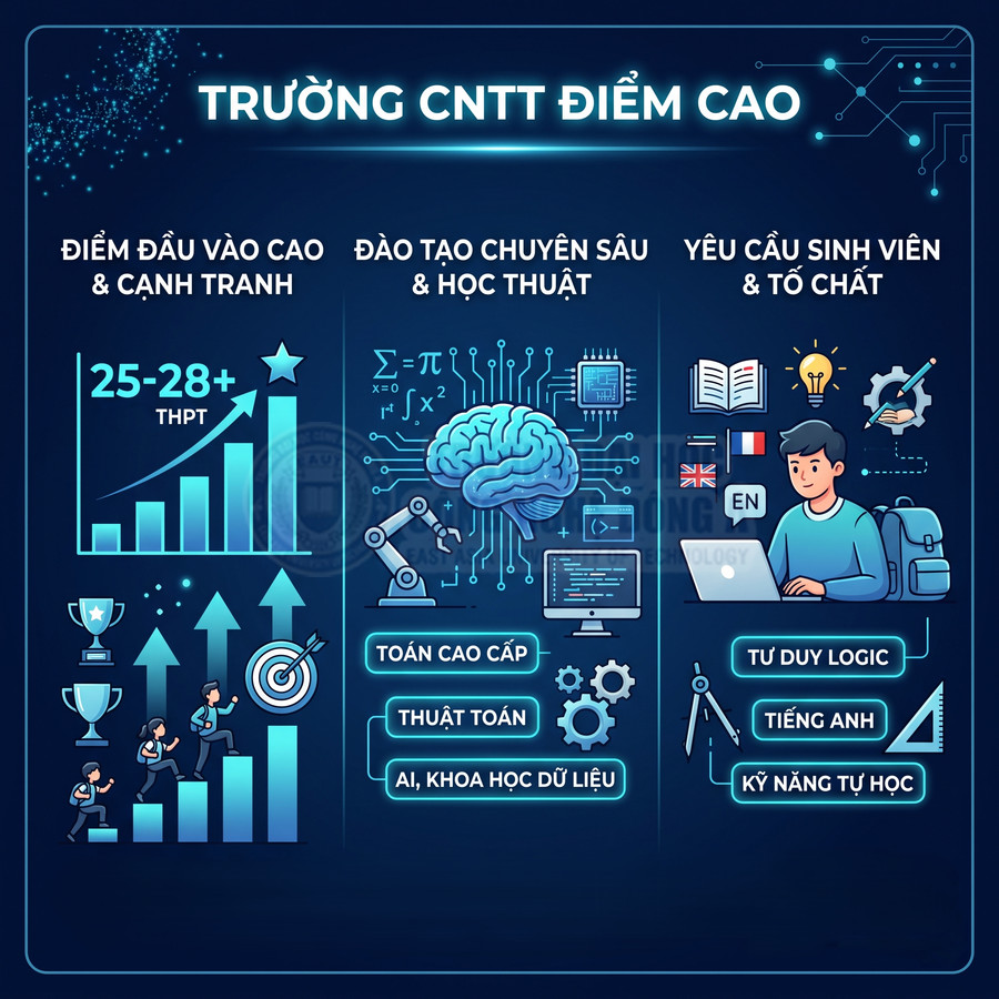 Infographic giới thiệu trường CNTT điểm cao, yêu cầu đầu vào, chương trình đào tạo và tố chất sinh viên