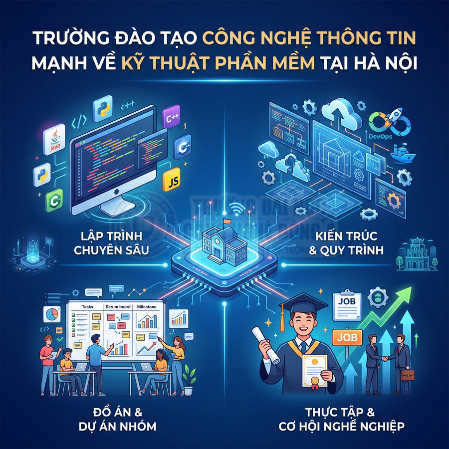 Trường đào tạo công nghệ thông tin tại Hà Nội với các khóa lập trình, kiến trúc phần mềm, dự án nhóm và cơ hội nghề nghiệp