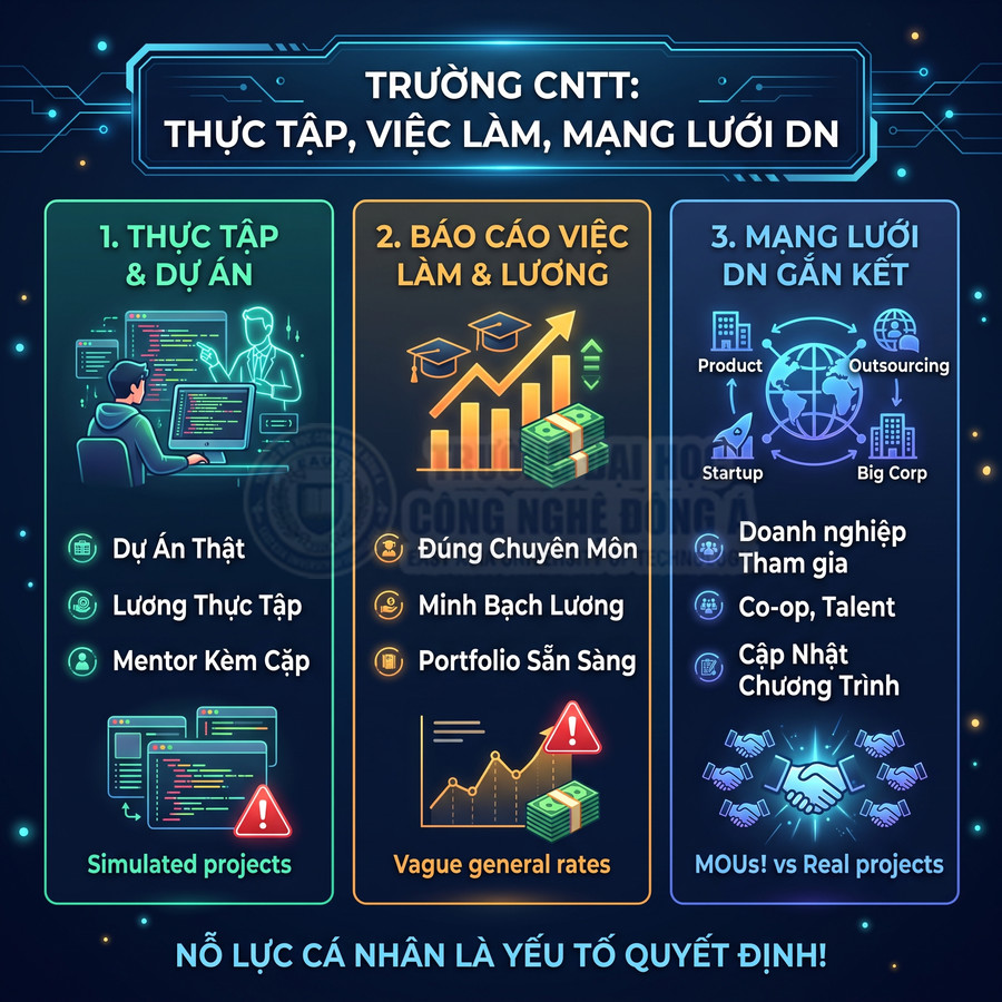 Infographic giới thiệu trường CNTT với thực tập dự án thật, báo cáo việc làm lương minh bạch và mạng lưới doanh nghiệp gắn kết