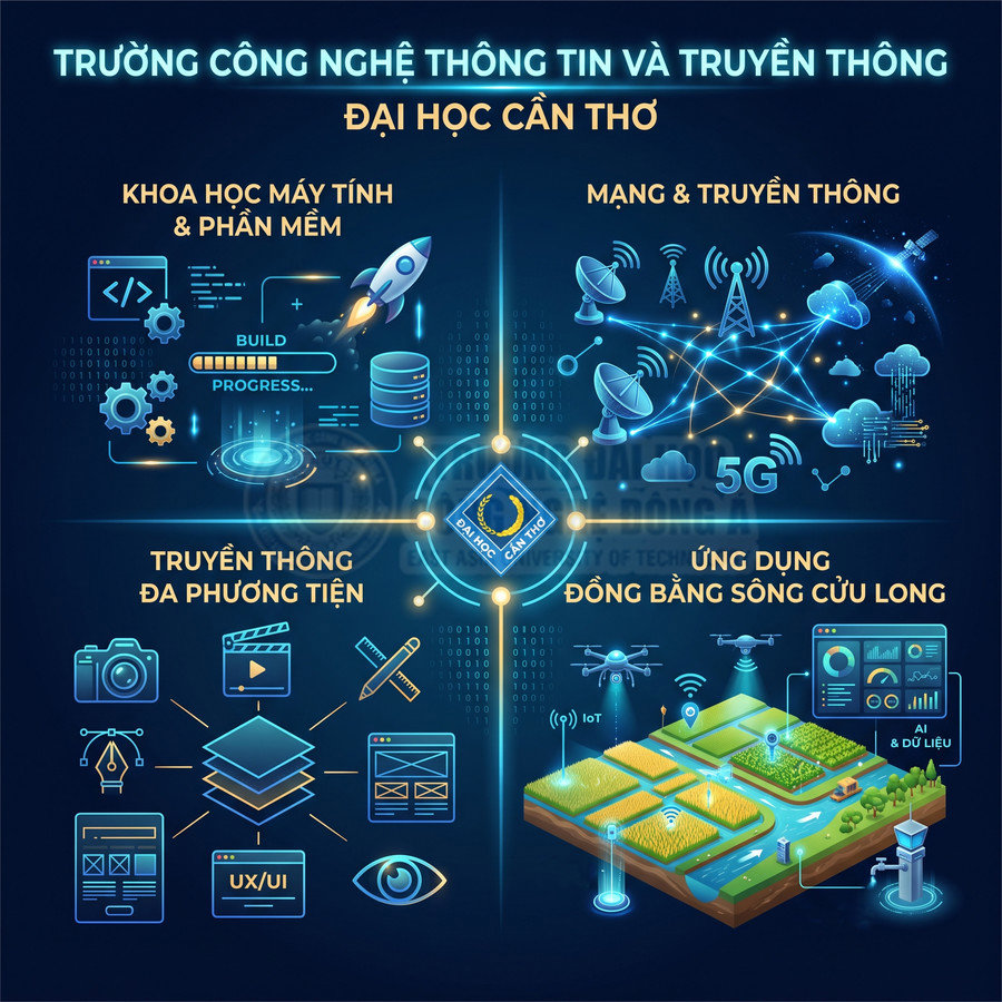 Ngành học Trường Công nghệ Thông tin và Truyền thông Đại học Cần Thơ với các lĩnh vực CNTT, mạng, đa phương tiện, IoT, AI