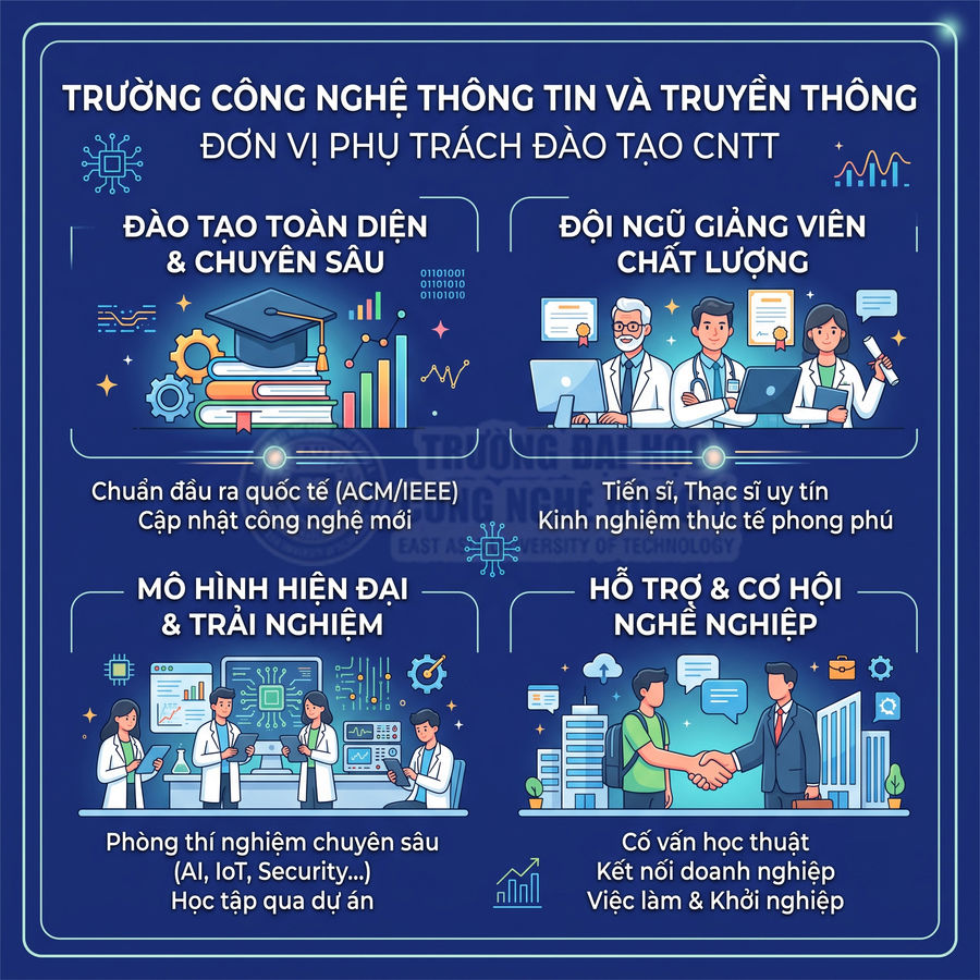 Poster giới thiệu chương trình đào tạo công nghệ thông tin với giảng viên, phòng lab hiện đại và cơ hội nghề nghiệp