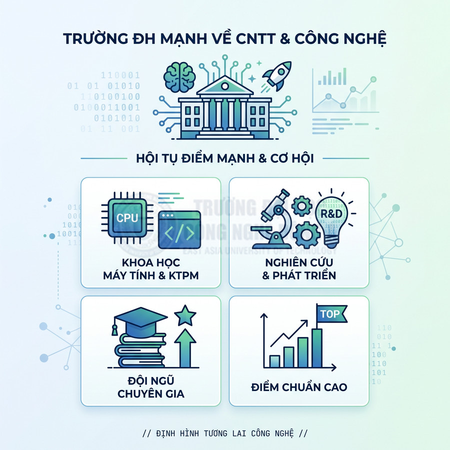 Trường đại học mạnh về CNTT và công nghệ với khoa học máy tính, R&D, đội ngũ chuyên gia và điểm chuẩn cao
