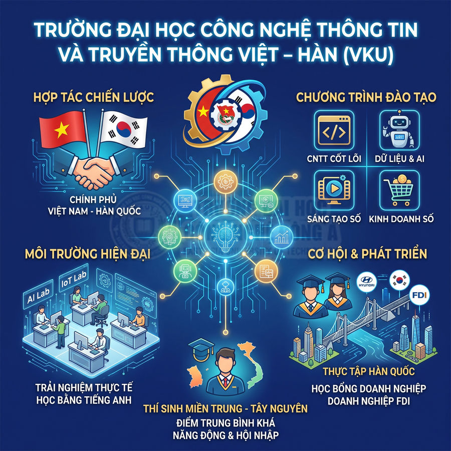 Poster giới thiệu Trường Đại học Công nghệ Thông tin và Truyền thông Việt Hàn VKU với chương trình CNTT, AI, kinh doanh số và hợp tác Hàn Quốc