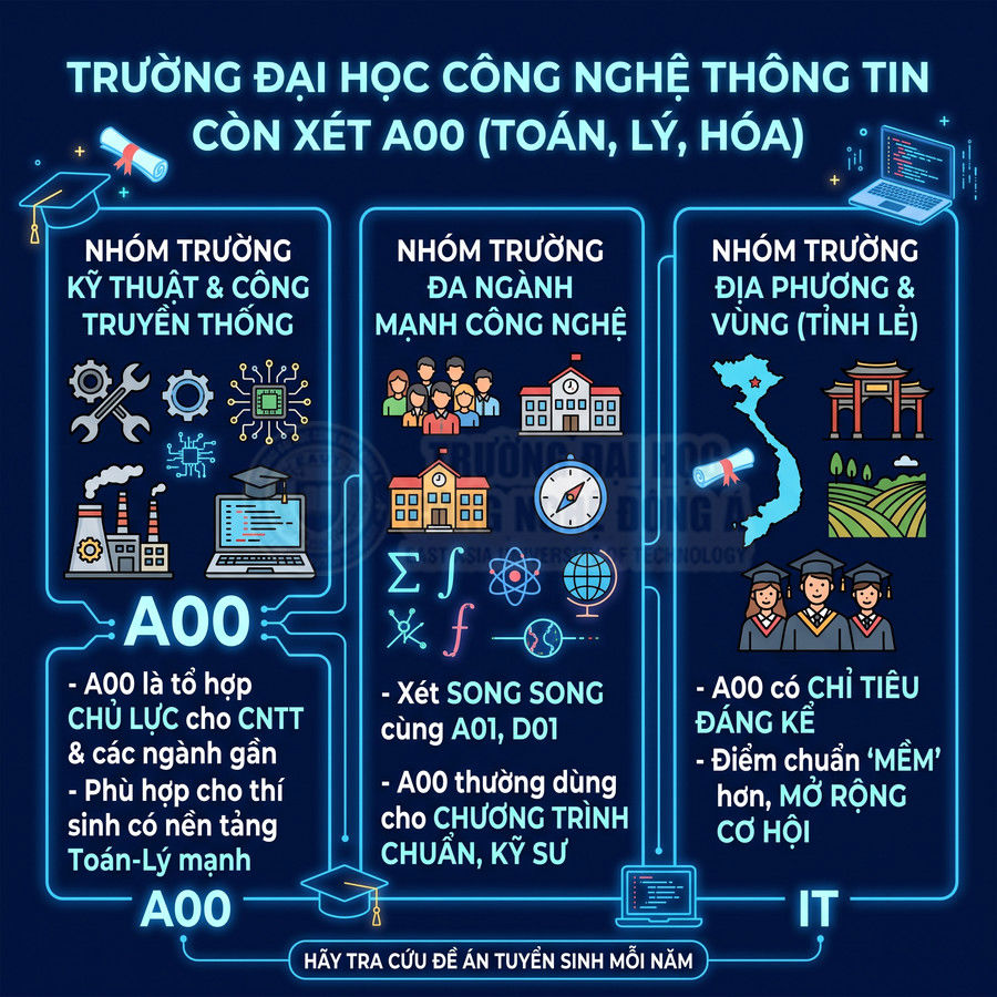 Infographic tuyển sinh khối A00 cho các nhóm trường đại học công nghệ thông tin và kỹ thuật