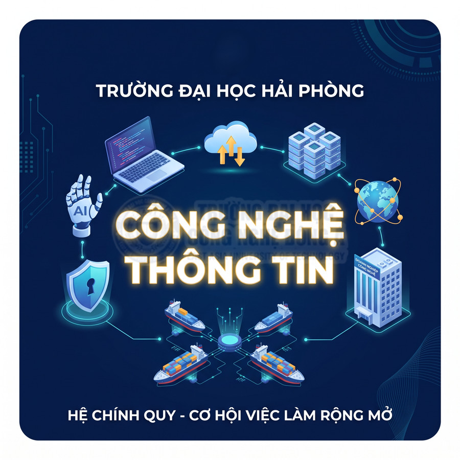 Ngành công nghệ thông tin Trường Đại học Hải Phòng với biểu tượng AI, điện toán đám mây, bảo mật và logistics
