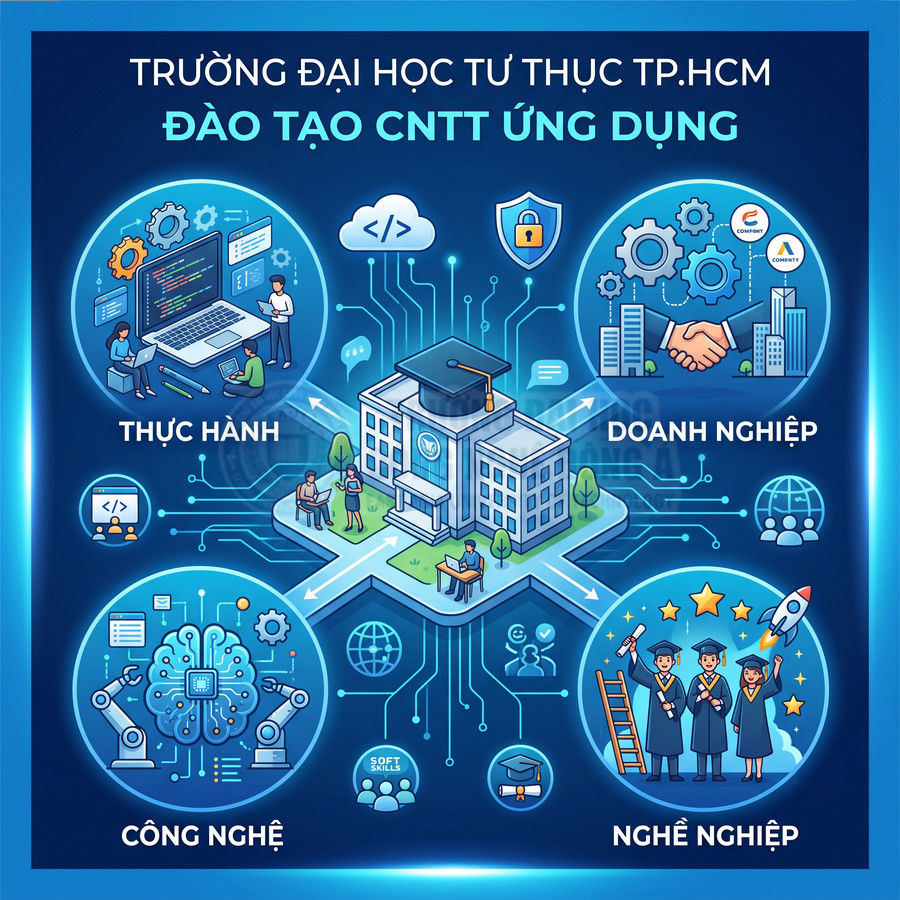 Poster giới thiệu chương trình đào tạo CNTT ứng dụng của trường đại học tư thục TP.HCM với các lợi ích thực hành và nghề nghiệp