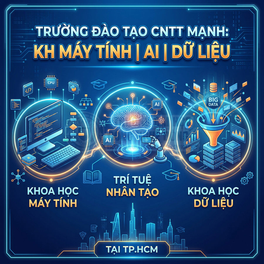 Poster giới thiệu trường đào tạo CNTT tại TP.HCM với các ngành khoa học máy tính, trí tuệ nhân tạo và khoa học dữ liệu